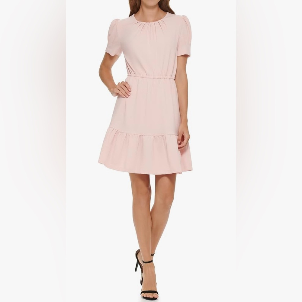 NWT DKNY Pink Puff Sleeve Pleated Fit & Flare Ruffle Mini Dress - Size 8